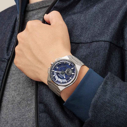 Citizen Men's Satellite Wave X Eco-Drive Titanium Watch with Blue Dial close-up detail
