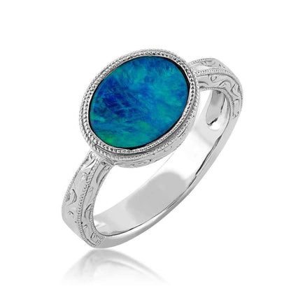 Blue Opal Doublet Ring in 10K White Gold front view