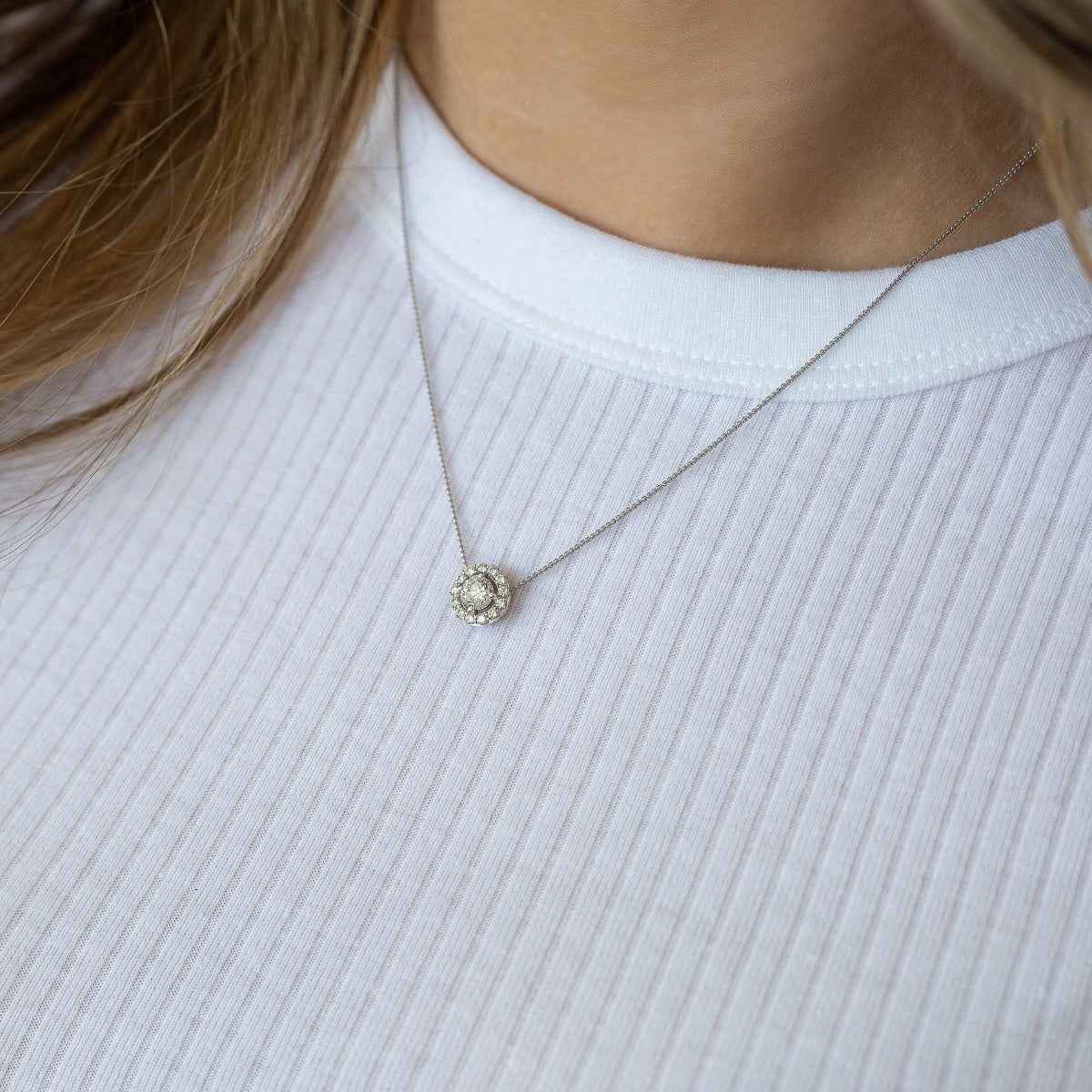 3/4 ct. tw. Round Brilliant Diamond Pendant with Halo in 10K White Gold front view