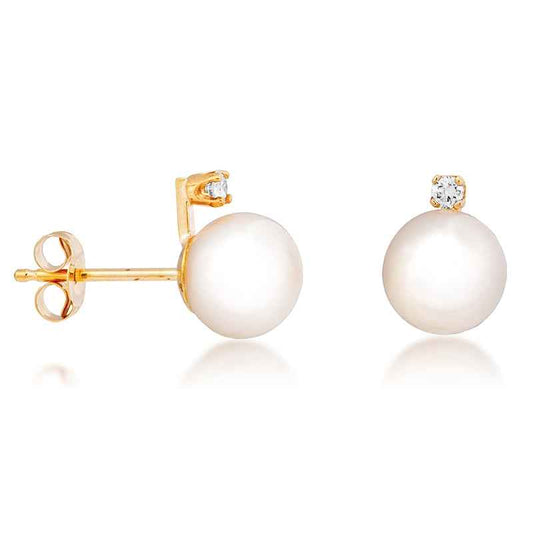 Ladies' 7mm Pearl and Diamond Stud Earrings in 14K Yellow Gold