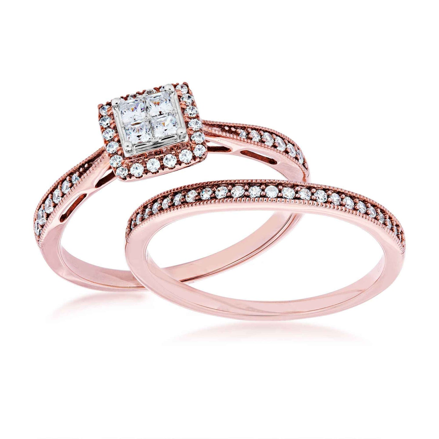 Fairytale Diamonds 3/8 ct. tw Diamond Quad Halo Wedding Set with Milgrain Detailing in 10K Pink Gold close-up detail