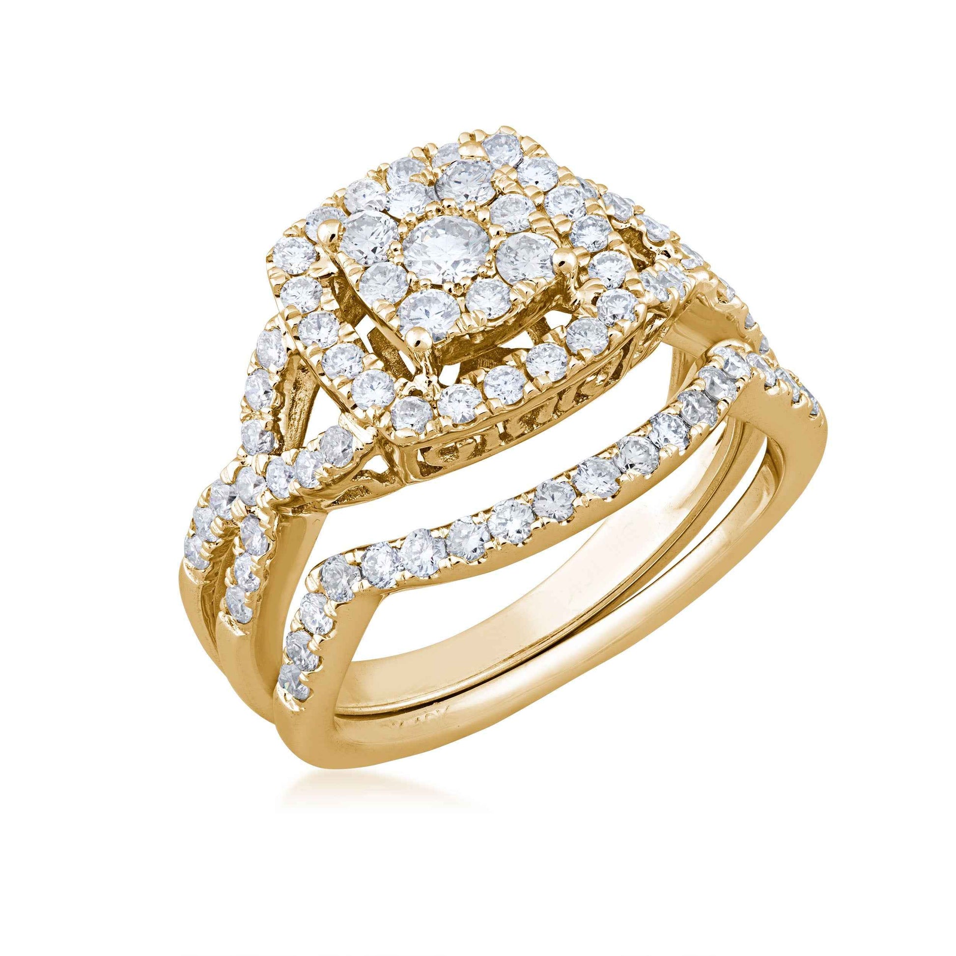 Fairytale Diamonds 1 ct. tw. Diamond Cluster Halo Wedding Set with Twist Shank in 10K Yellow Gold close-up detail
