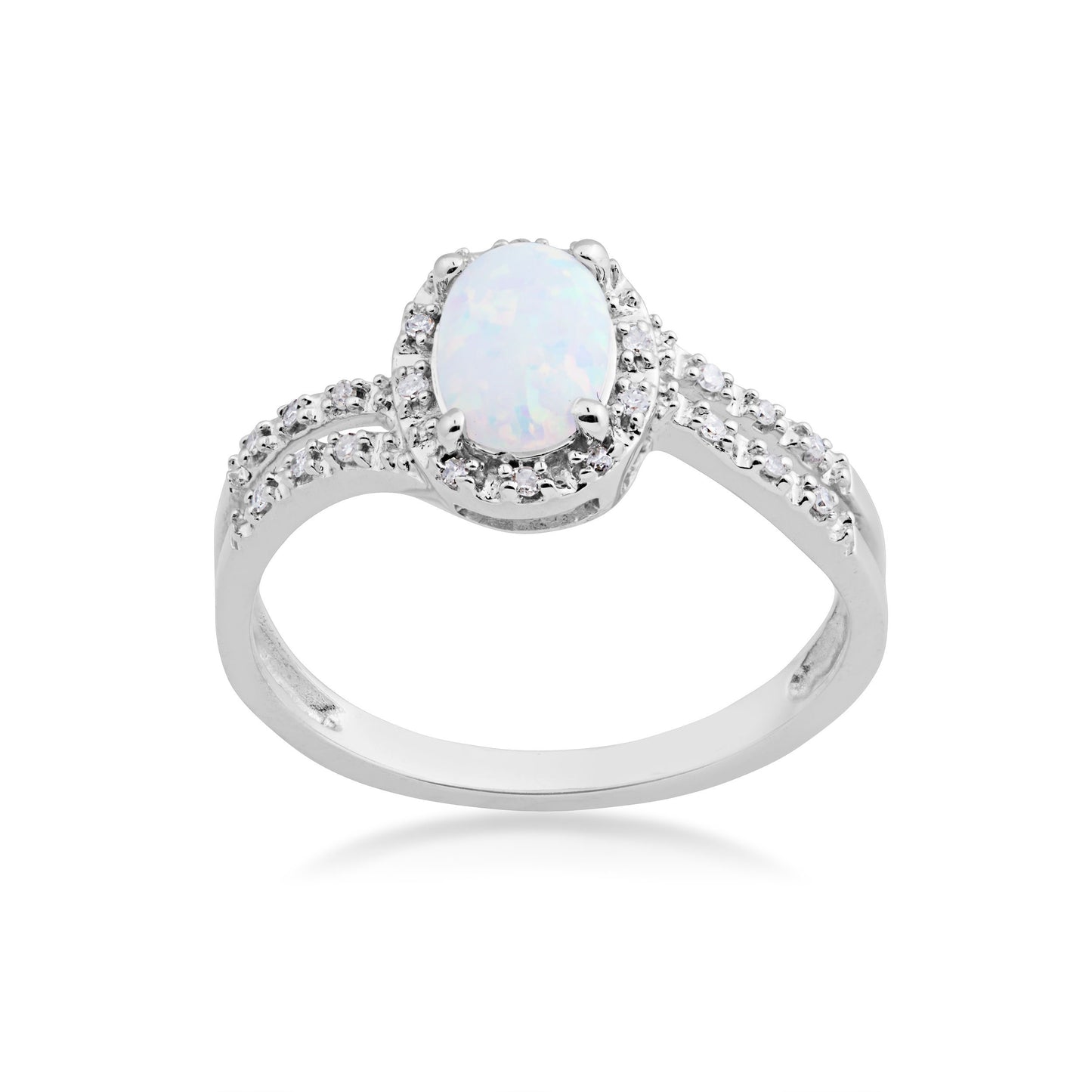 Created Oval Opal & Diamond Halo Split Shank Ring in 10K White Gold