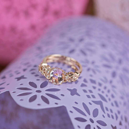 Love in Color Genuine Oval Morganite Wedding Set with 1/10 ct. tw. Diamond Milgrain Accented Band in 14K Pink side profile