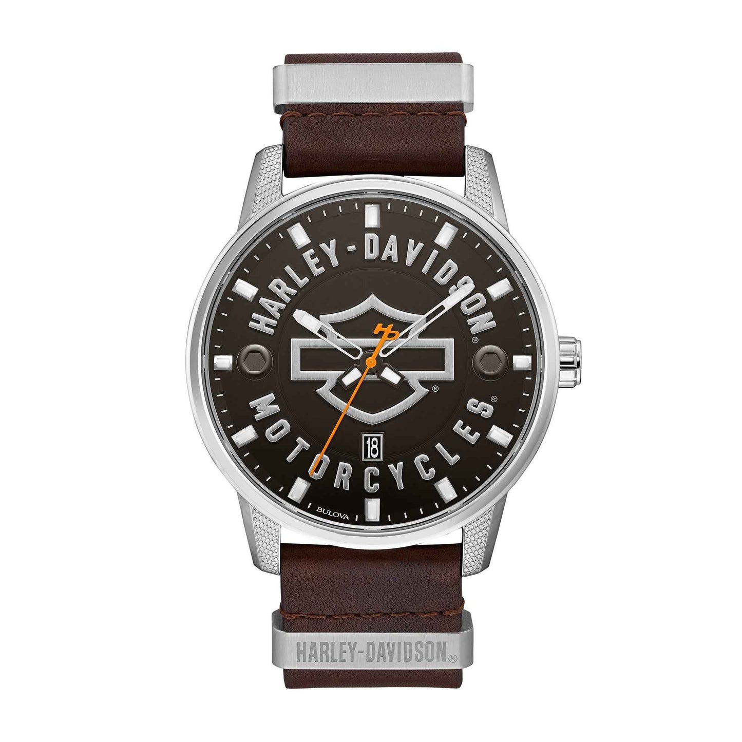 Harley Davidson Men's Open Bar & Shield Watch with Nato Leather Strap and Matte Black Dial