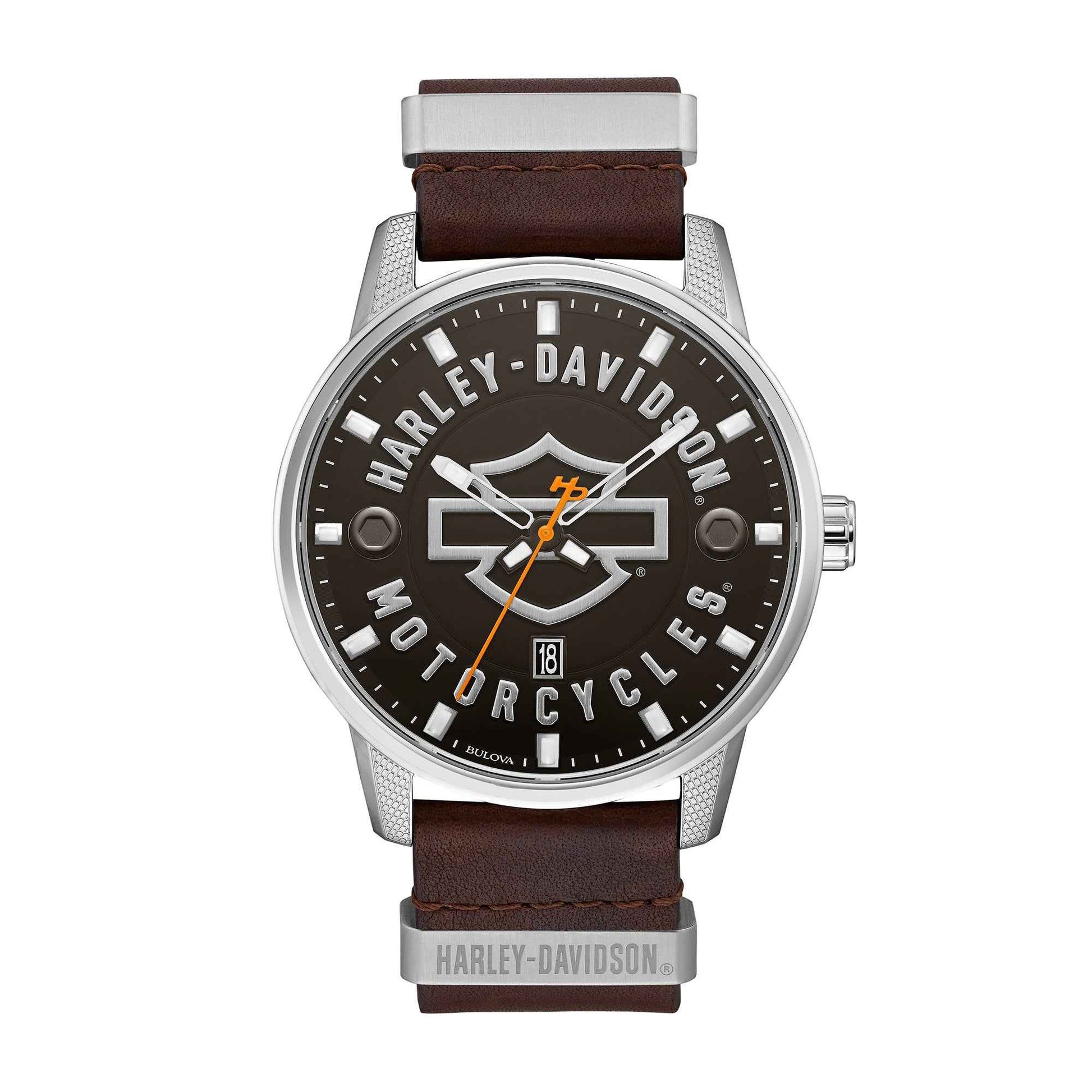 Harley Davidson Men's Open Bar & Shield Watch with Nato Leather Strap and Matte Black Dial
