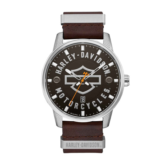 Harley Davidson Men's Open Bar & Shield Watch with Nato Leather Strap and Matte Black Dial