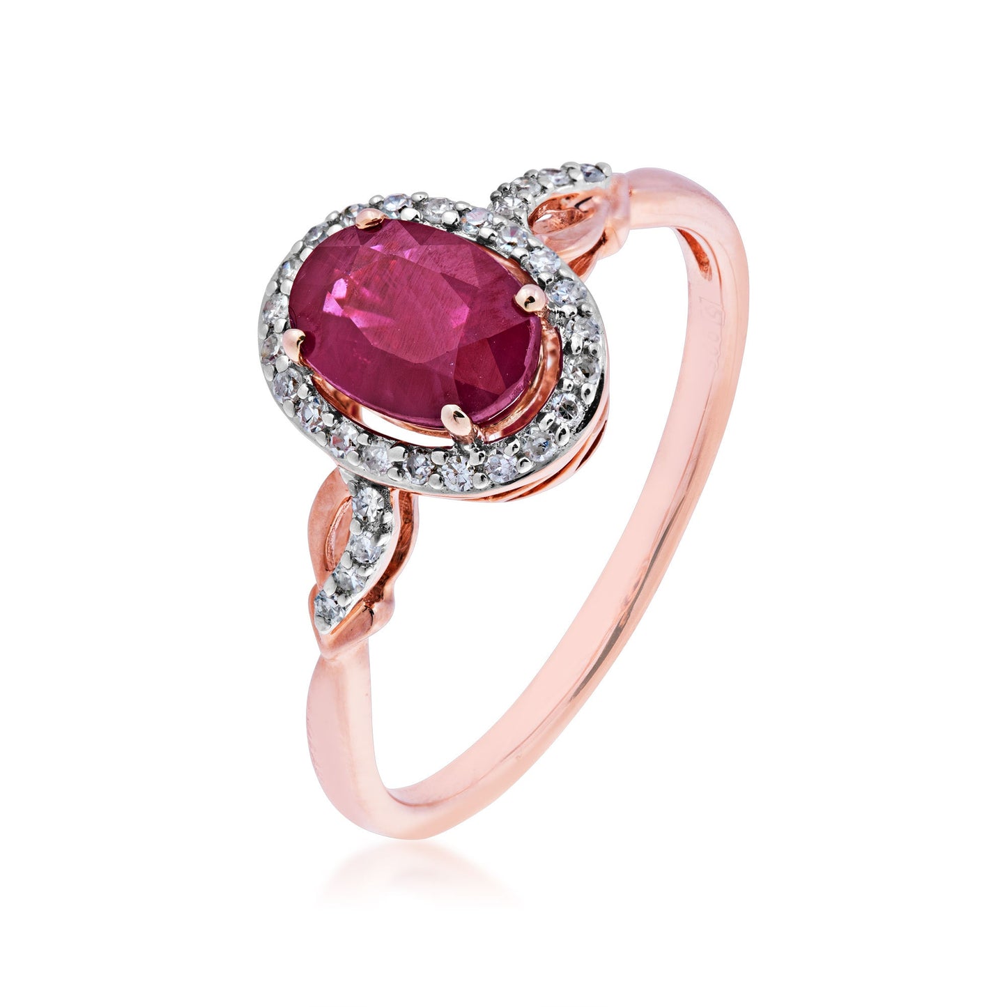 Genuine Oval Ruby & 1/8 ct. tw. Diamond Halo Ring with Mini Twist Accented Band in 10K Pink Gold front view