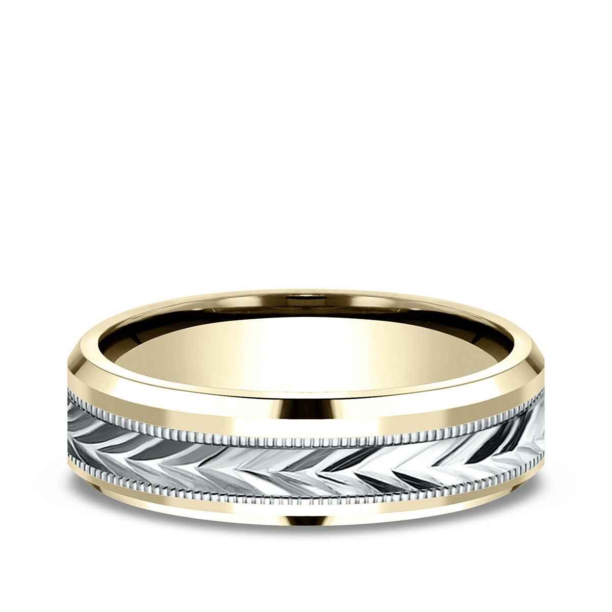 Benchmark Men's 6mm Beveled Edge Carved Wedding Ring in 10K Yellow & White Gold