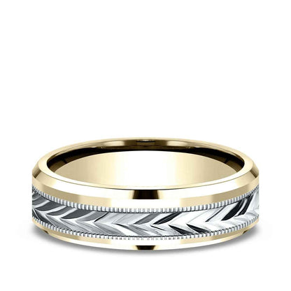 Benchmark Men's 6mm Beveled Edge Carved Wedding Ring in 10K Yellow & White Gold
