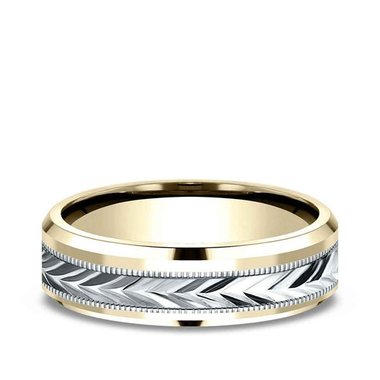 Benchmark Men's 6mm Beveled Edge Carved Wedding Ring in 10K Yellow & White Gold