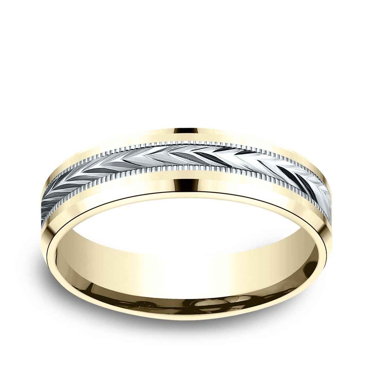 Benchmark Men's 6mm Beveled Edge Carved Wedding Ring in 10K Yellow & White Gold
