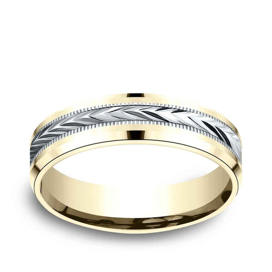 Benchmark Men's 6mm Beveled Edge Carved Wedding Ring in 10K Yellow & White Gold