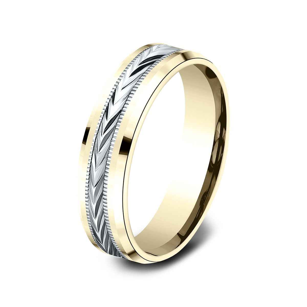 Benchmark Men's 6mm Beveled Edge Carved Wedding Ring in 14K Yellow & White Gold