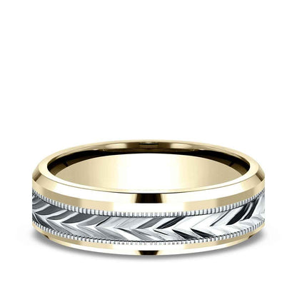 Benchmark Men's 6mm Beveled Edge Carved Wedding Ring in 14K Yellow & White Gold