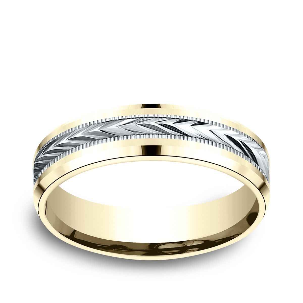 Benchmark Men's 6mm Beveled Edge Carved Wedding Ring in 14K Yellow & White Gold