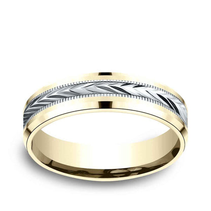 Benchmark Men's 6mm Beveled Edge Carved Wedding Ring in 14K Yellow & White Gold