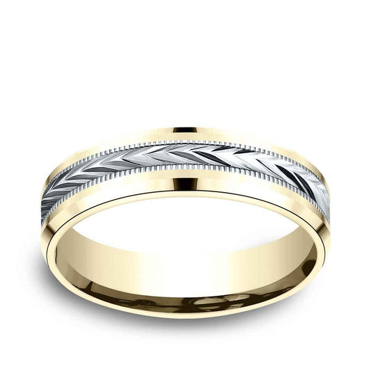 Benchmark Men's 6mm Beveled Edge Carved Wedding Ring in 14K Yellow & White Gold