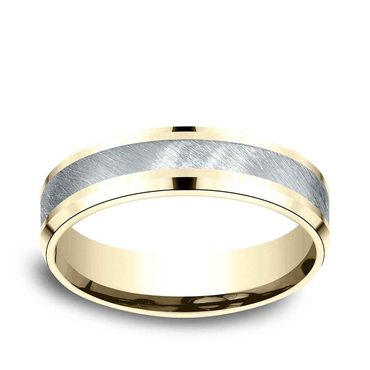 Benchmark Men's 6mm Beveled Edge Satin Finish Wedding Ring in 10K Yellow & White Gold