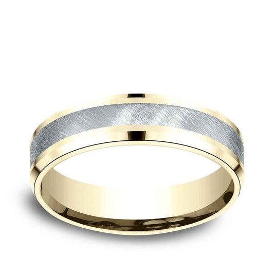 Benchmark Men's 6mm Beveled Edge Satin Finish Wedding Ring in 10K Yellow & White Gold
