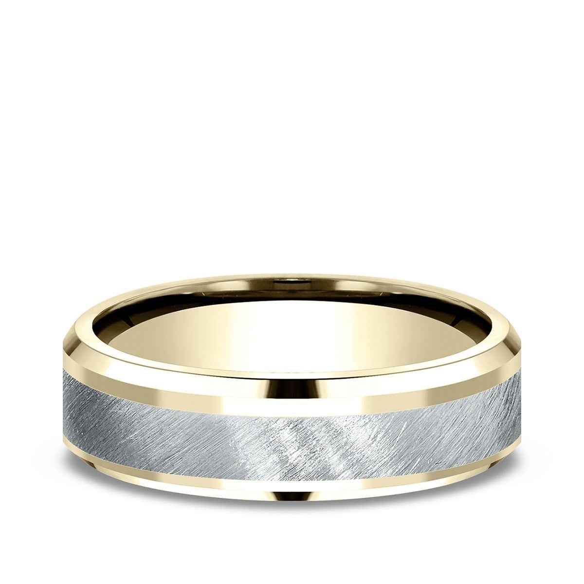 Benchmark Men's 6mm Beveled Edge Satin Finish Wedding Ring in 14K Yellow & White Gold