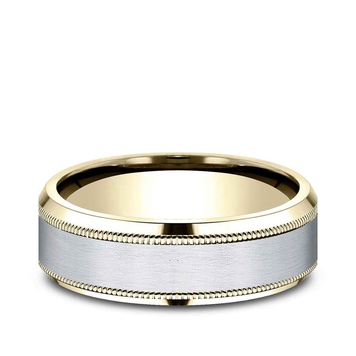 Benchmark Men's 7mm Beveled Edge Milgrain Wedding Ring in 10K Yellow & White Gold