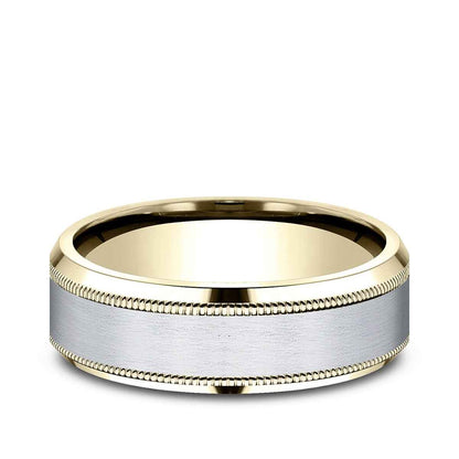 Benchmark Men's 7mm Beveled Edge Milgrain Wedding Ring in 10K Yellow & White Gold