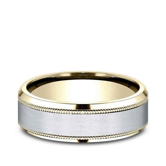 Benchmark Men's 7mm Beveled Edge Milgrain Wedding Ring in 10K Yellow & White Gold