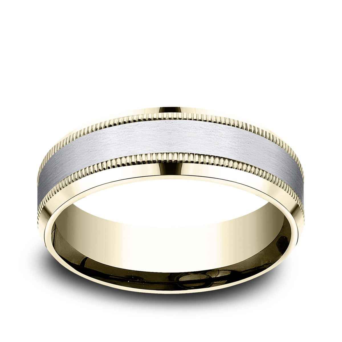 Benchmark Men's 7mm Beveled Edge Milgrain Wedding Ring in 10K Yellow & White Gold