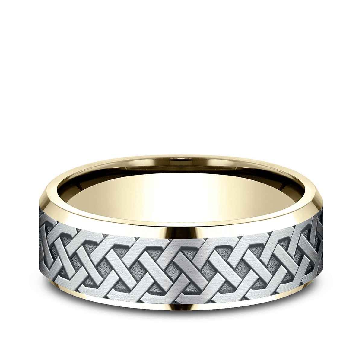 Benchmark Men's 7mm Beveled Edge Celtic Knot Wedding Ring in 10K Yellow & White Gold