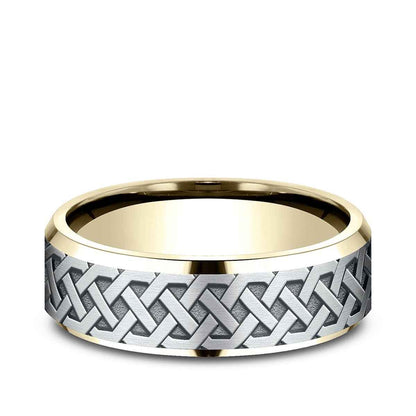 Benchmark Men's 7mm Beveled Edge Celtic Knot Wedding Ring in 10K Yellow & White Gold