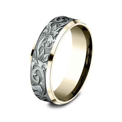 Benchmark Men's 7mm Beveled Edge Vintage Script Wedding Ring in 10K Yellow & White Gold