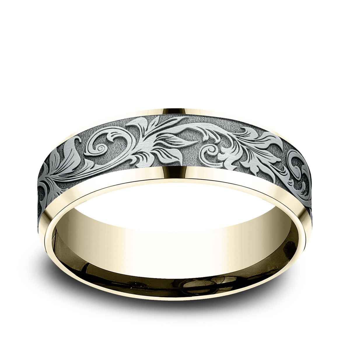 Benchmark Men's 7mm Beveled Edge Vintage Script Wedding Ring in 10K Yellow & White Gold
