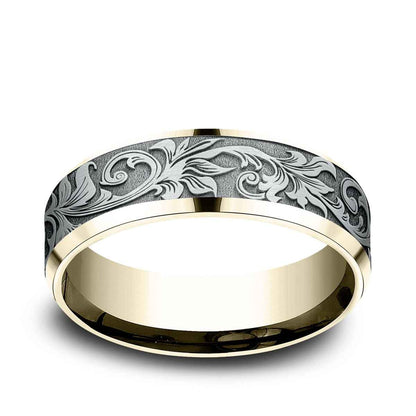 Benchmark Men's 7mm Beveled Edge Vintage Script Wedding Ring in 10K Yellow & White Gold