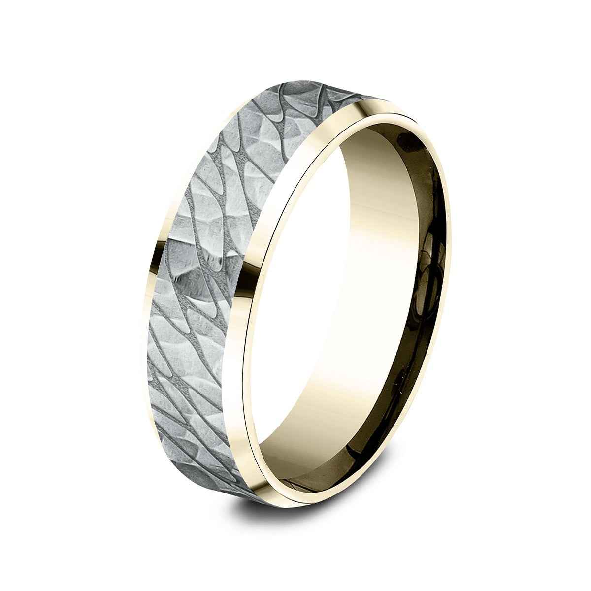 Benchmark Men's 7mm Beveled Edge Hammered Finish Wedding Ring in 10K Yellow & White Gold