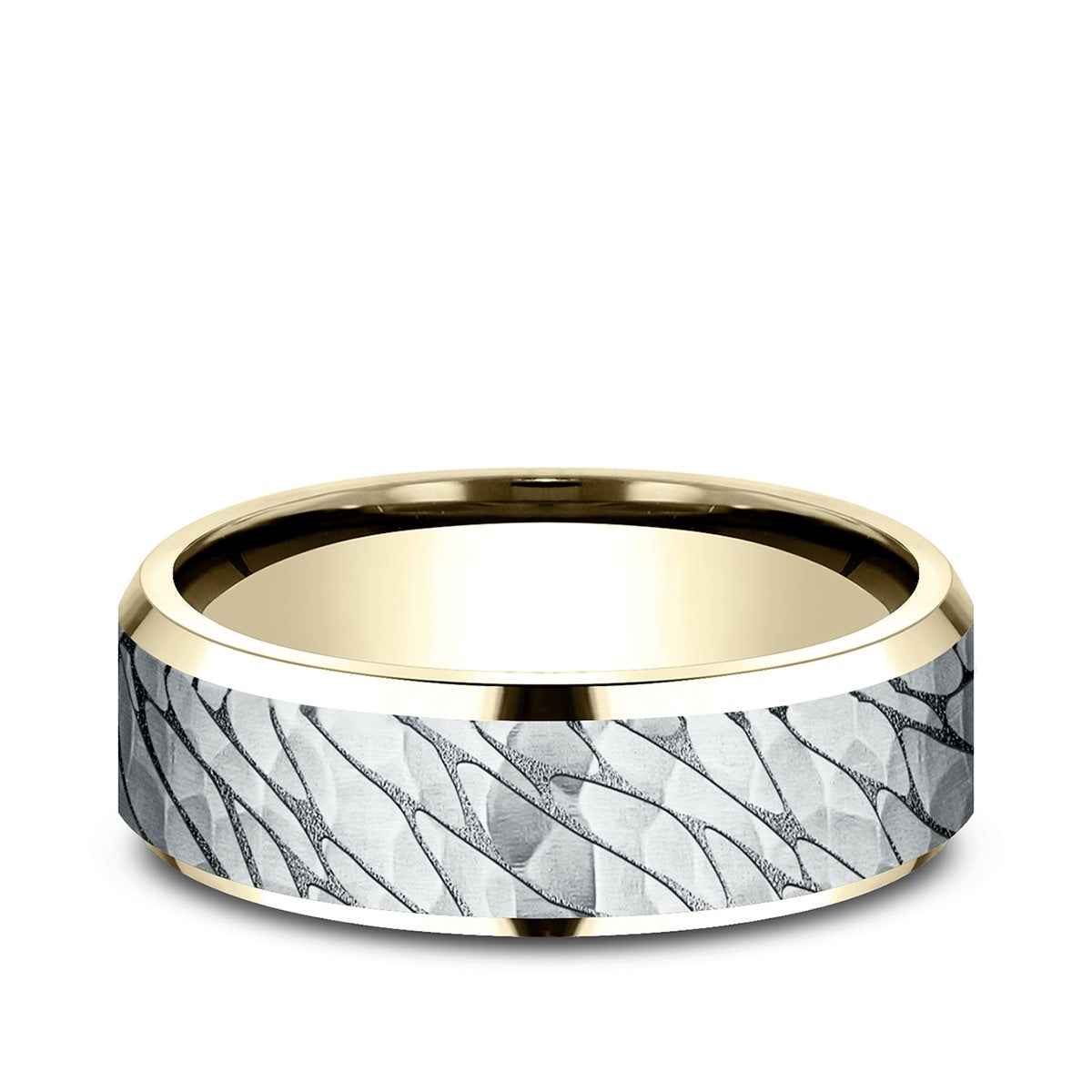 Benchmark Men's 7mm Beveled Edge Hammered Finish Wedding Ring in 10K Yellow & White Gold