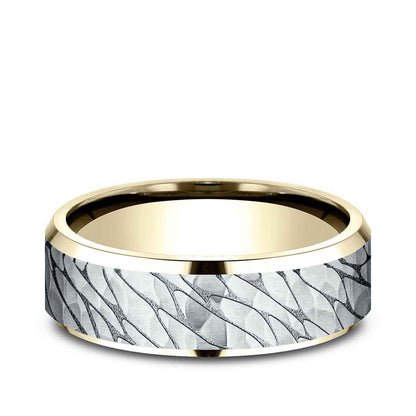 Benchmark Men's 7mm Beveled Edge Hammered Finish Wedding Ring in 10K Yellow & White Gold
