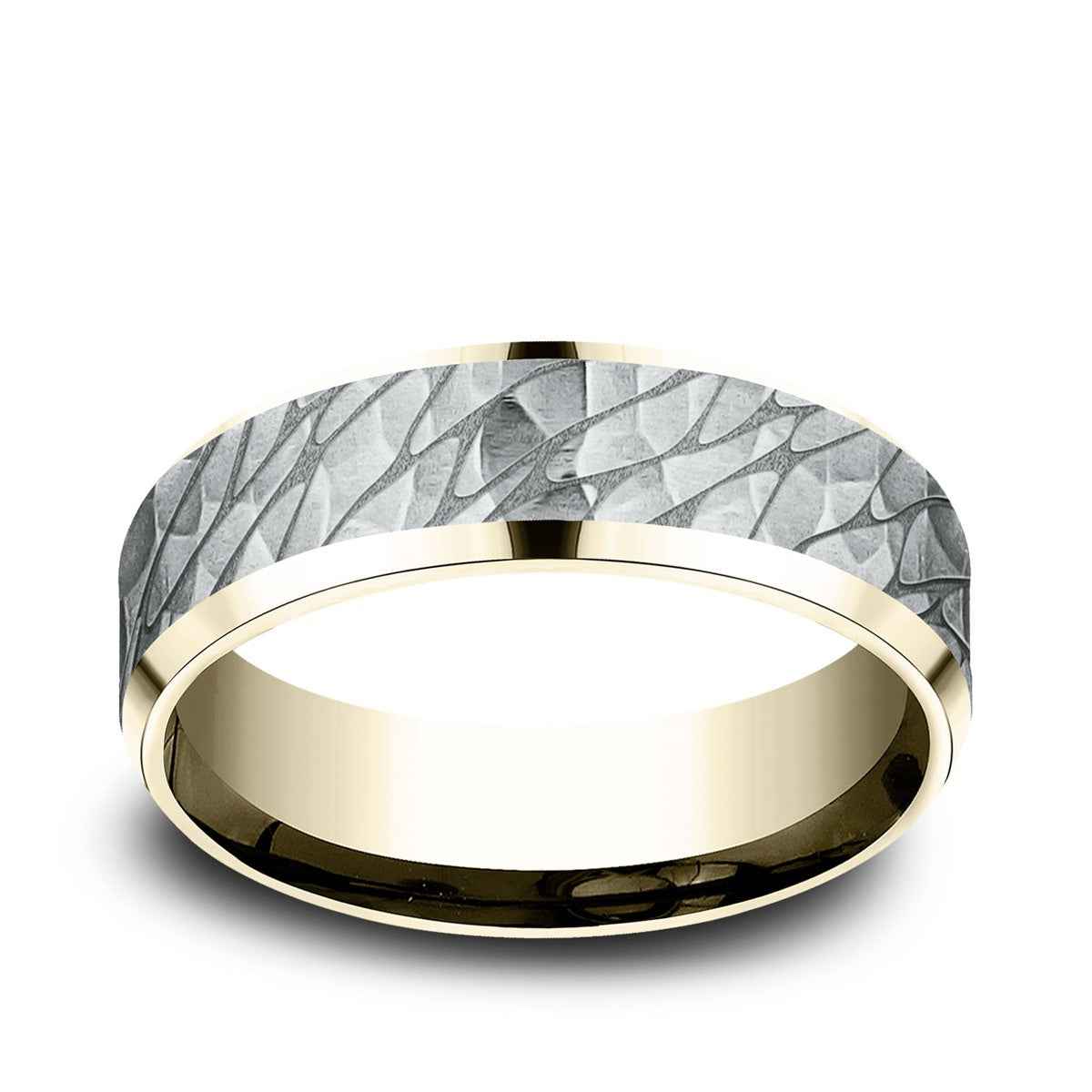 Benchmark Men's 7mm Beveled Edge Hammered Finish Wedding Ring in 10K Yellow & White Gold