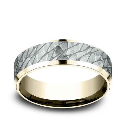 Benchmark Men's 7mm Beveled Edge Hammered Finish Wedding Ring in 10K Yellow & White Gold
