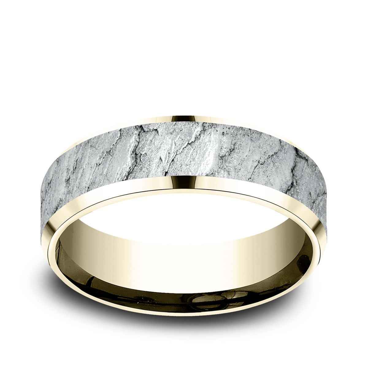 Benchmark Men's 7mm Beveled Edge Lava Texture Wedding Ring in 10K Yellow & White Gold