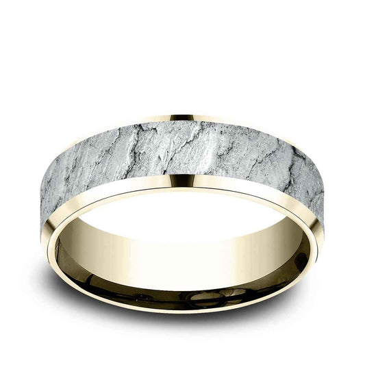 Benchmark Men's 7mm Beveled Edge Lava Texture Wedding Ring in 10K Yellow & White Gold