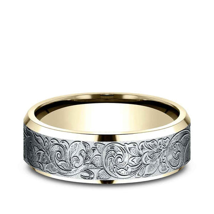 Benchmark Men's 7mm Beveled Edge London Script Wedding Ring in 10K Yellow & White Gold