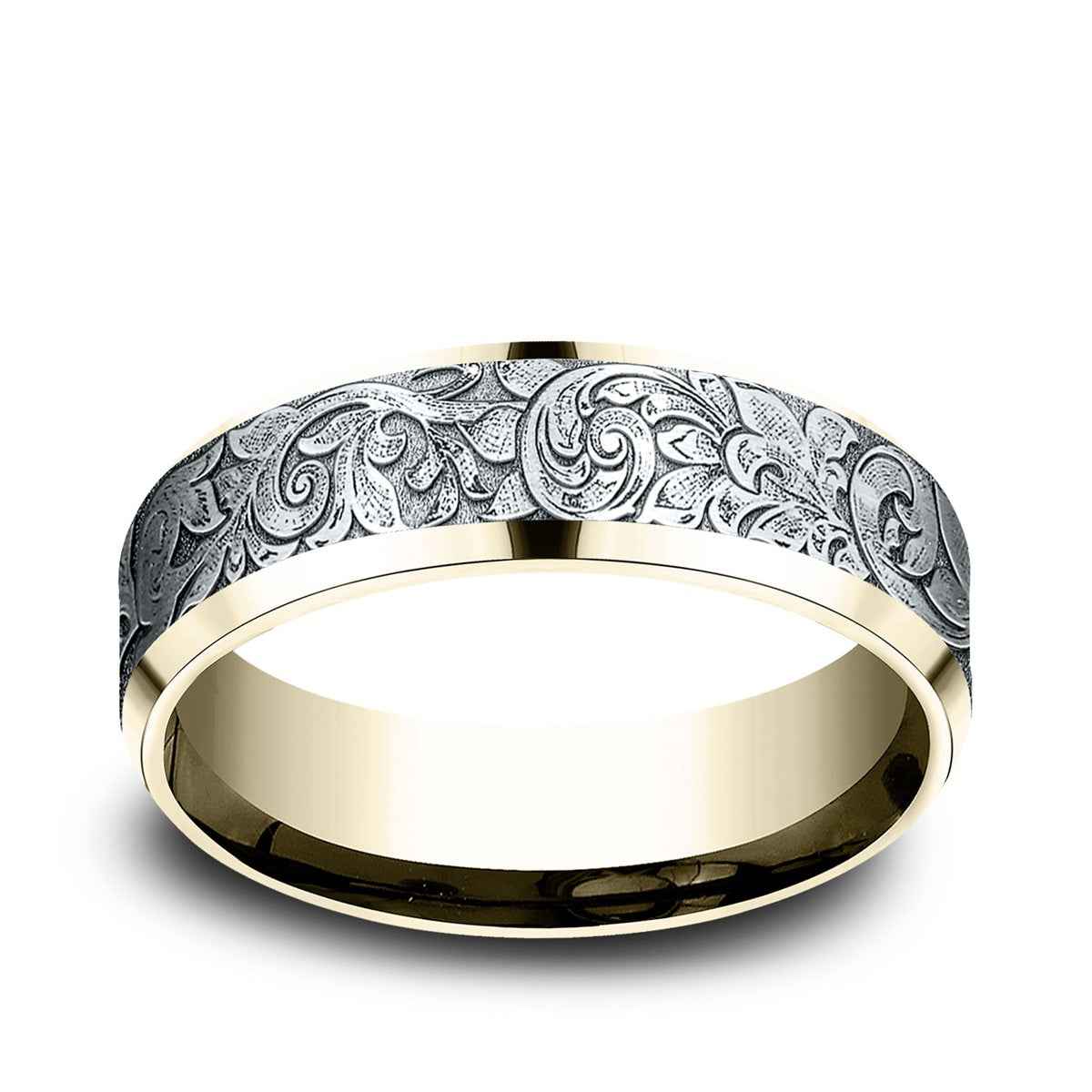 Benchmark Men's 7mm Beveled Edge London Script Wedding Ring in 10K Yellow & White Gold