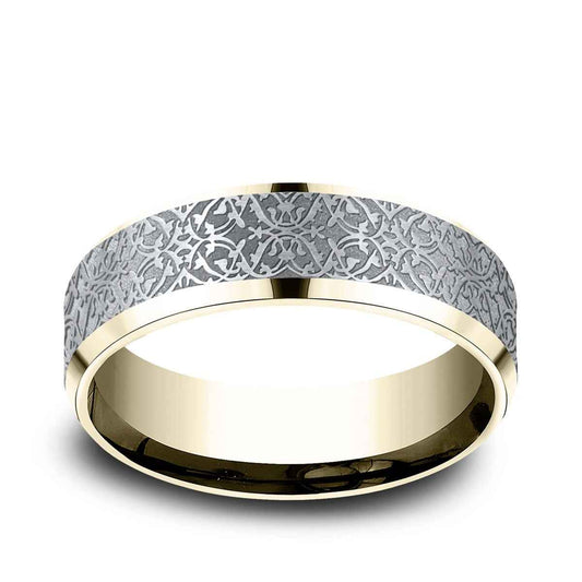 Benchmark Men's 7mm Beveled Edge Ottoman Finish Wedding Ring in 10K Yellow & White Gold