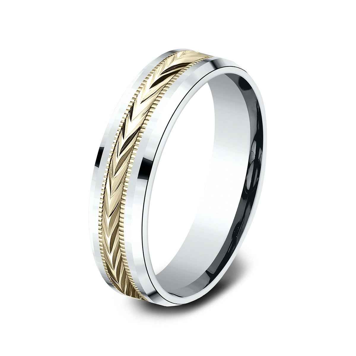 Benchmark Men's 6mm Beveled Edge Carved Wedding Ring in 10K White & Yellow Gold
