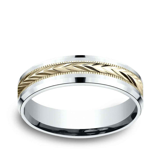 Benchmark Men's 6mm Beveled Edge Carved Wedding Ring in 10K White & Yellow Gold