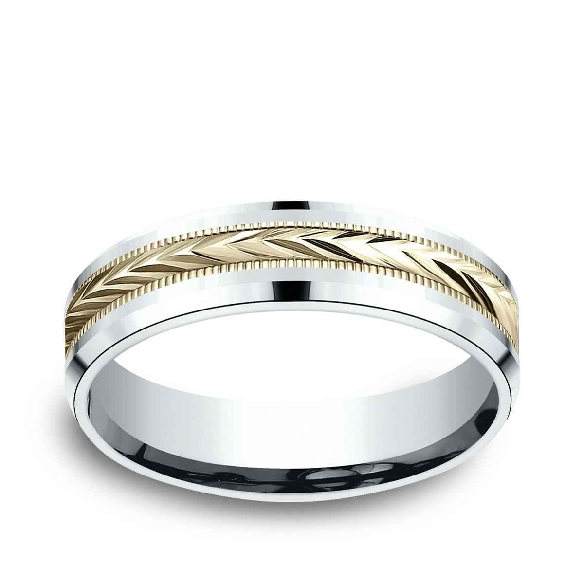 Benchmark Men's 6mm Beveled Edge Carved Wedding Ring in 14K White & Yellow Gold