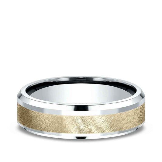 Benchmark Men's 6mm Beveled Edge Satin Finish Wedding Ring in 10K White & Yellow Gold