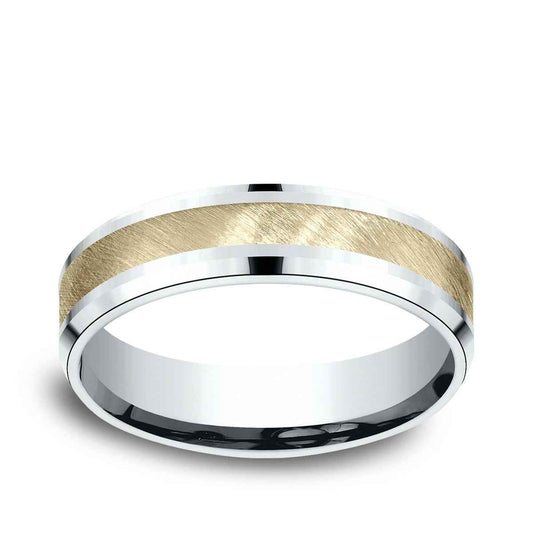 Benchmark Men's 6mm Beveled Edge Satin Finish Wedding Ring in 14K White & Yellow Gold