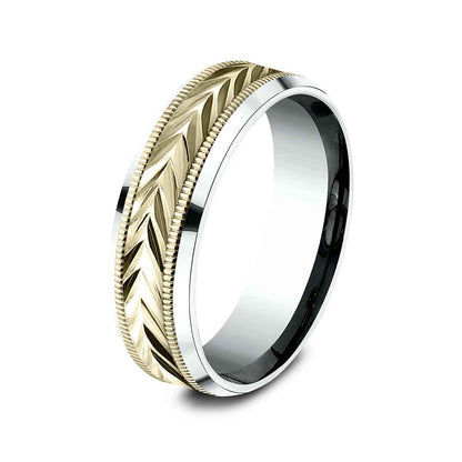 Benchmark Men's 7mm Beveled Edge Carve Wedding Ring in 10K White & Yellow Gold